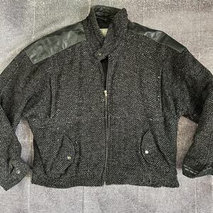 Men's Vintage 80's Gino Tweed Wool Leather Black Gray Bomber Zip Up Jacket Sz XL